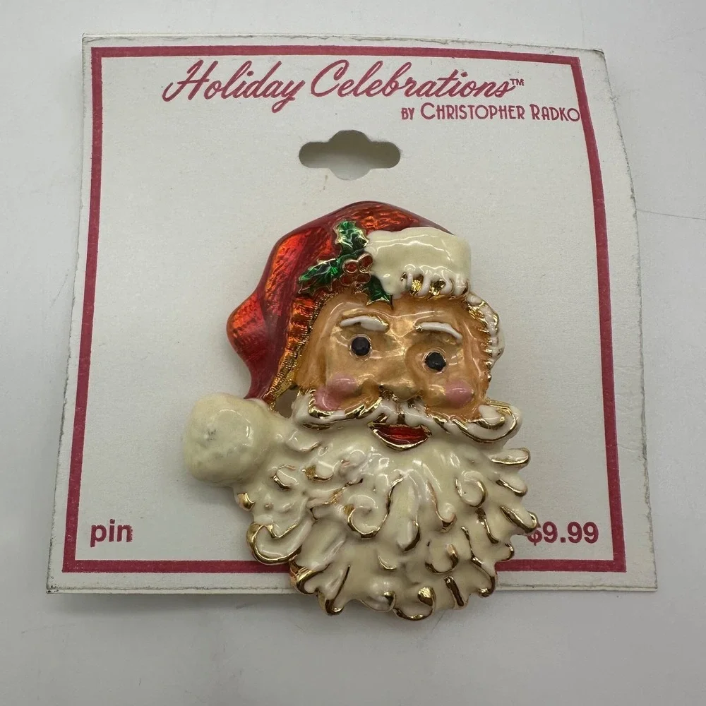 Brooch Pin Holiday Creations By Christopher Radko Rhinestone Christmas Santa NEW